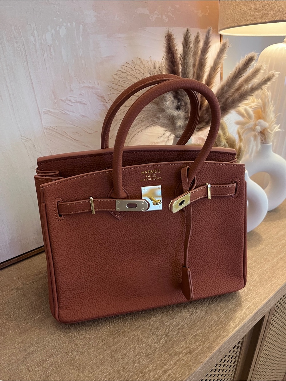 Brown Pebbled Leather Structured Handbag 30cm Gold Hardware Camel Satchel